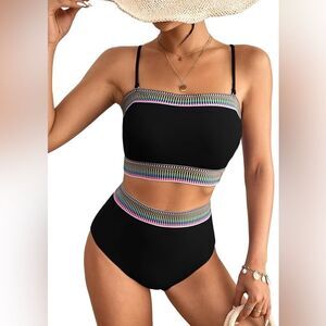 Black High Rise Bikini High Waisted Bikini Two Piece Swimsuit Rainbow Trim Swim